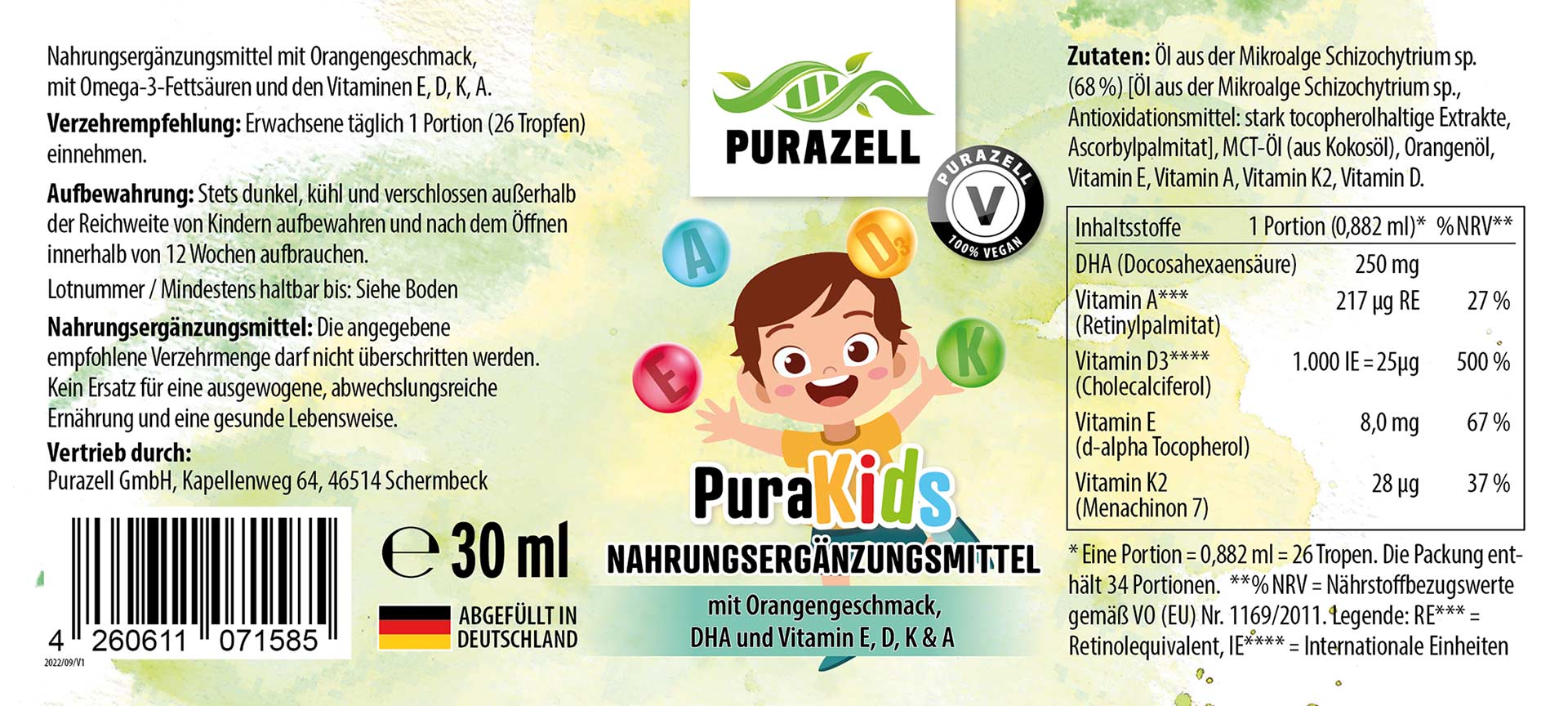 PuraKids mit DHA, Vitamin D3, K2, A & E (Vegan)